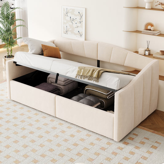 Gigab2b original image - Polsterbett Sofabett 90*200 cm, Mit hydraulischer Lagerung, Mit Lattenrost und Armlehnen, Klassisch Gestreift, Multifunktionales Einzelbett, Hautfreundlicher Samtstoff, Beige
