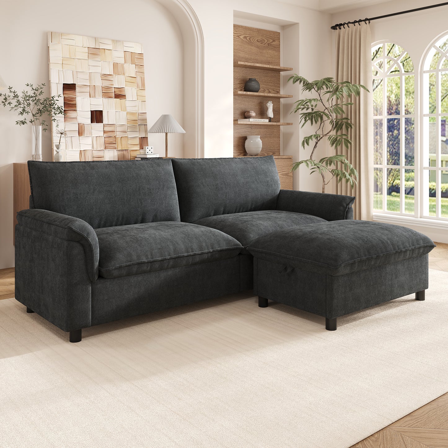 Modulares Cloud-Sectional-Sofa, komfortables Ecksofa für das Wohnzimmer, modernes Deep-Seat-Design, übergroßes Cloud-Sofa, mit 1 beweglichen Fußhocker, hohe Rückenlehne, Schwarz, B216 × H82 × T77 cm
