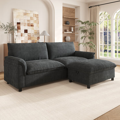 Modulares Cloud-Sectional-Sofa, komfortables Ecksofa für das Wohnzimmer, modernes Deep-Seat-Design, übergroßes Cloud-Sofa, mit 1 beweglichen Fußhocker, hohe Rückenlehne, Schwarz, B216 × H82 × T77 cm