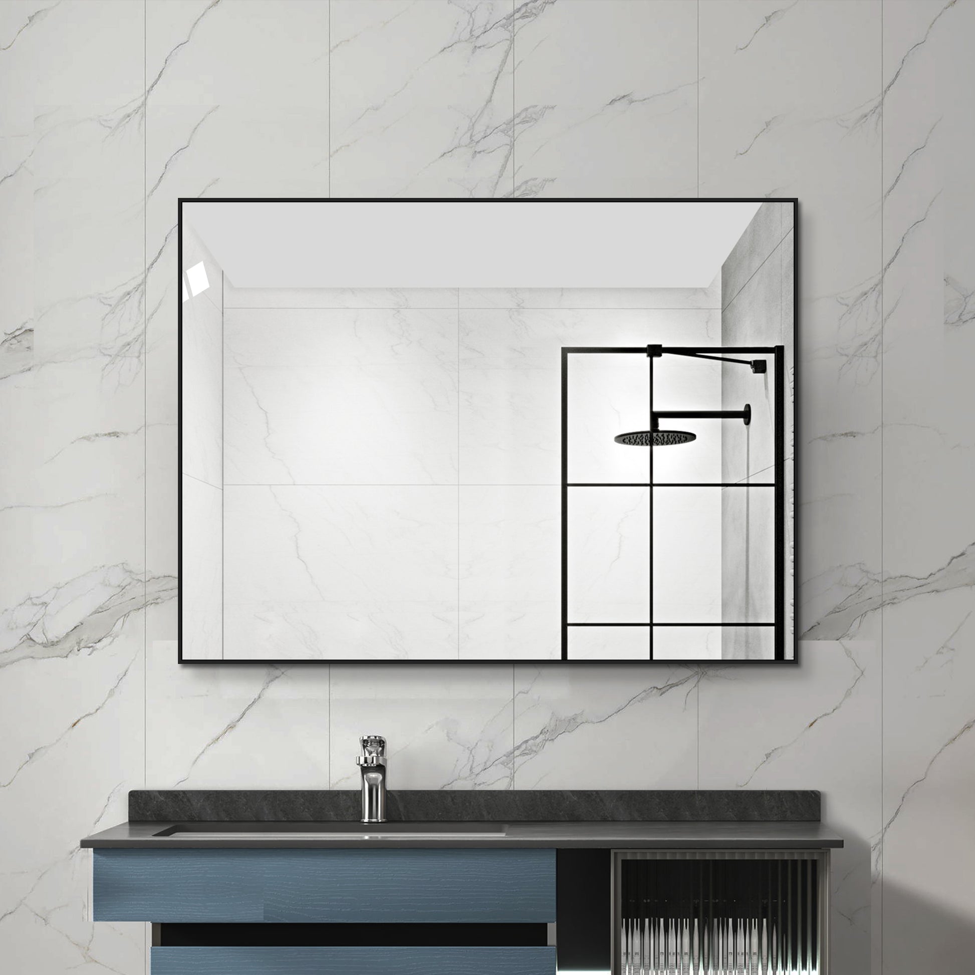 60x80cm Badezimmerspiegel mit Schwarzem Aluminiumrahmen, Kupferfreier HD-Wandspiegel, Horizontal & Vertikal montierbar, Für Bad, Flur und Ankleidezimmer