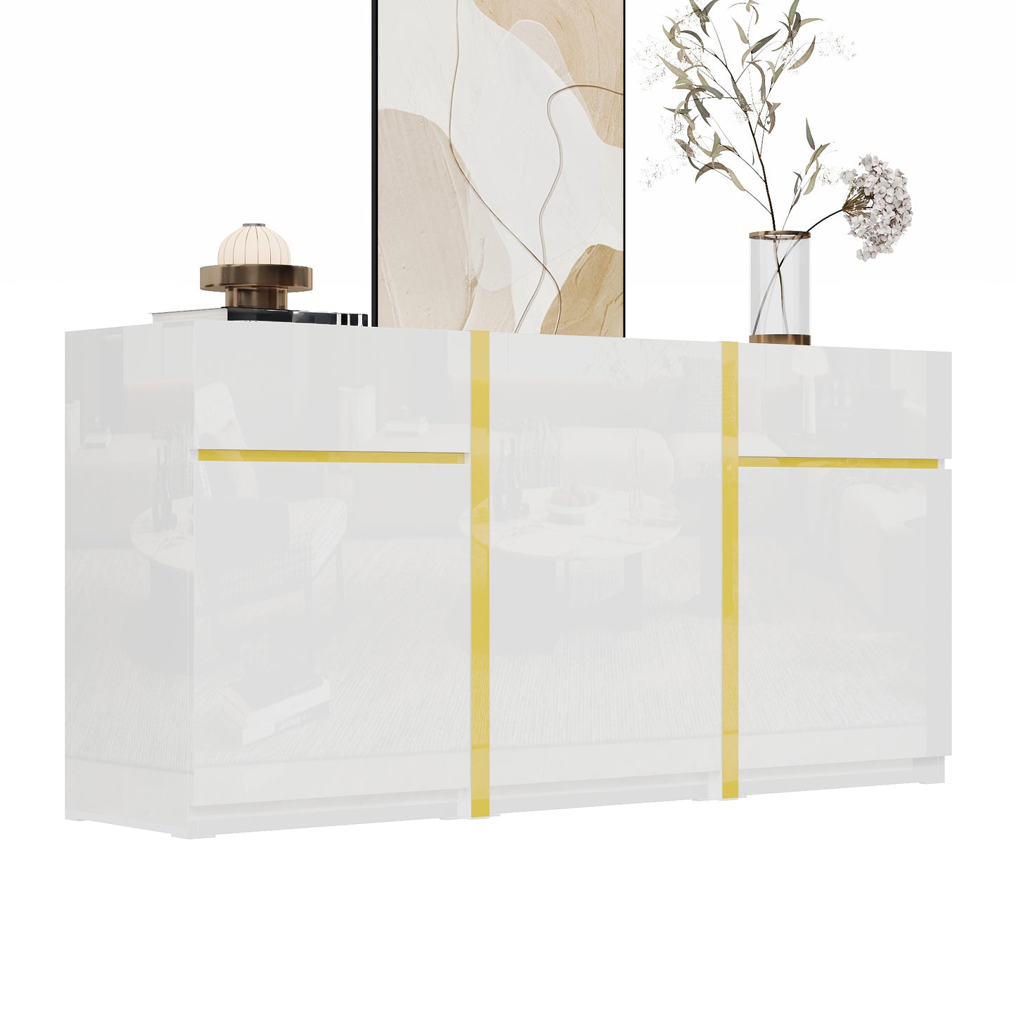 Gigab2b original image - Luxuriöses Sideboard, Hochglanzlackierung, moderner Aufbewahrungsschrank, drei Türen und zwei Schubladen, geeignet für Wohnzimmer, Esszimmer und Eingangsbereich; minimalistisches Möbelstück.
