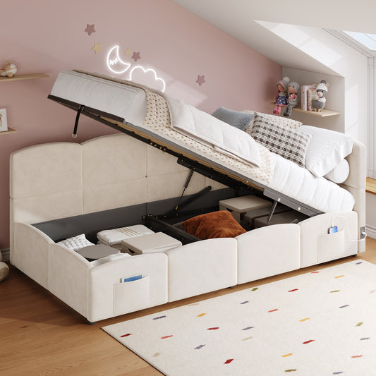 Gigab2b original image - Polsterbett,Kinderbett, Einzelbett, Stauraumbett, Schlafsofa 90x200 cm, mit Lattenrost, USB-Ladegerät, Stautasche, Jugendbett und Erwachsenen-Kinderbett,Samt, beige (ohne Matratze)