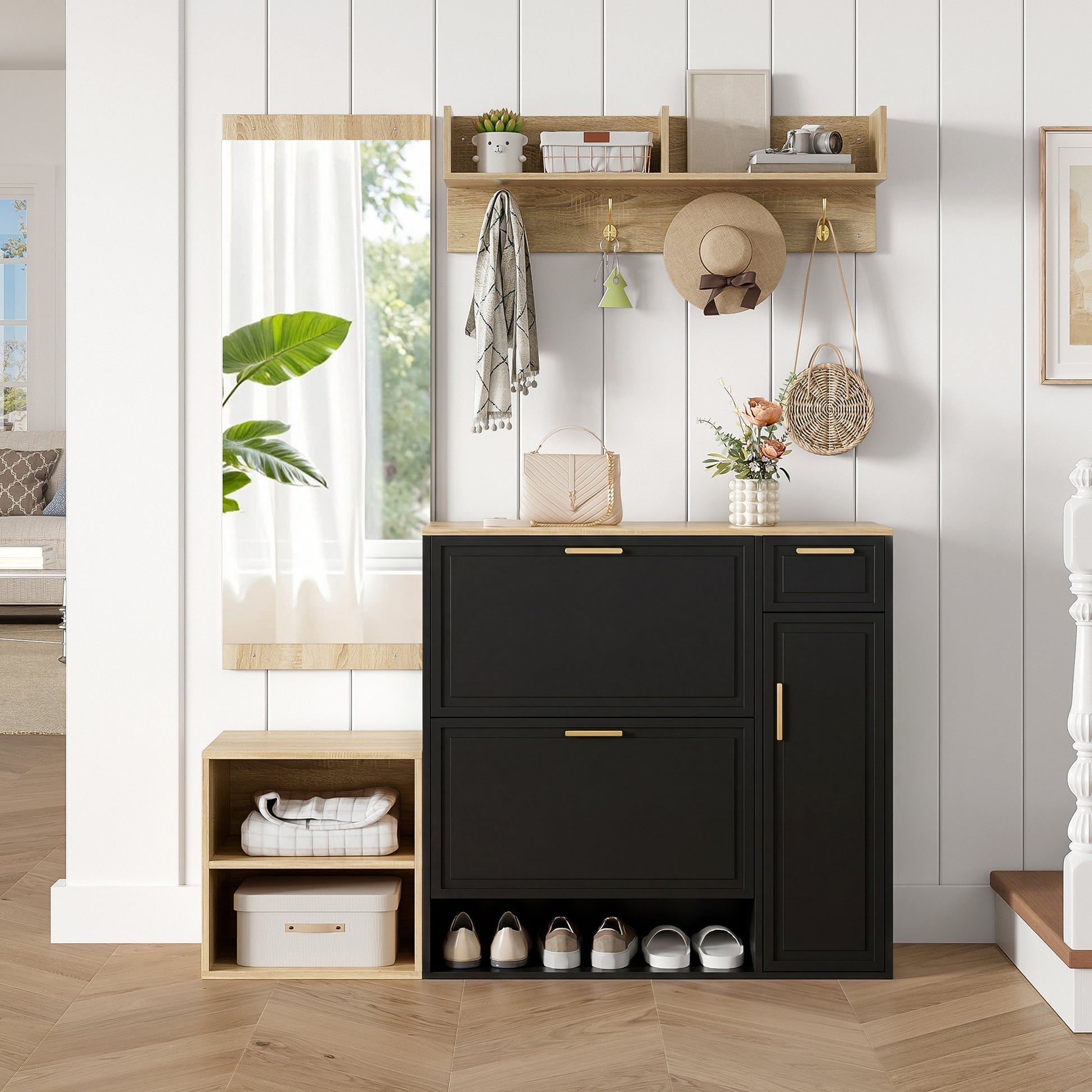 4-teiliges Garderoben-Set – mit Schuhschrank, Sitzbank, Wandgarderobe & Spiegel, komplettes Flurmöbel-Set für Diele und Eingangsbereich, Maße: B139.5 x T35 x H166 cm