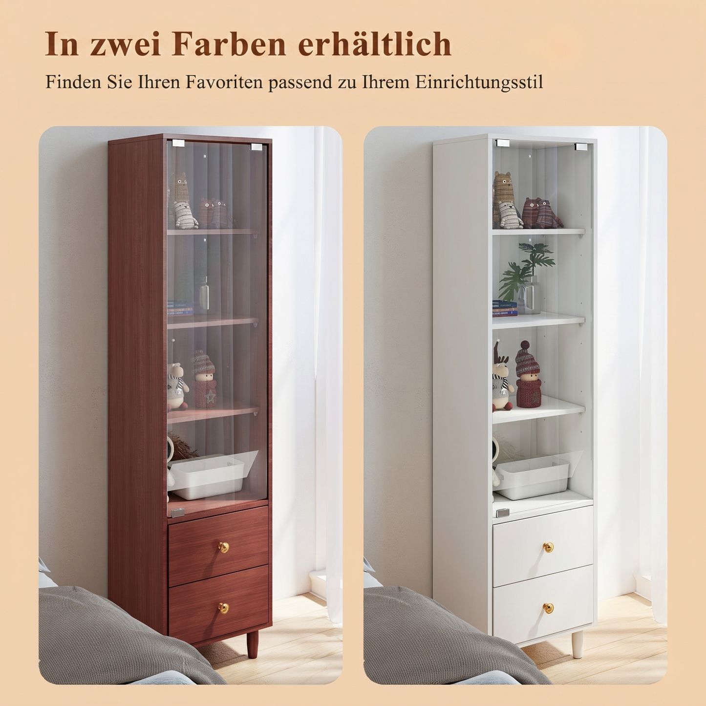 Vitrine mit LED-Beleuchtung, modernes Bücherregal mit Glastüren und 2 Schubladen, Vitrine für Sammlerstücke, moderner Stil mit goldenen Griffen, weiß–H165/B40/T35cm