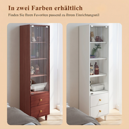 Vitrine mit LED-Beleuchtung, modernes Bücherregal mit Glastüren und 2 Schubladen, Vitrine für Sammlerstücke, moderner Stil mit goldenen Griffen, weiß–H165/B40/T35cm