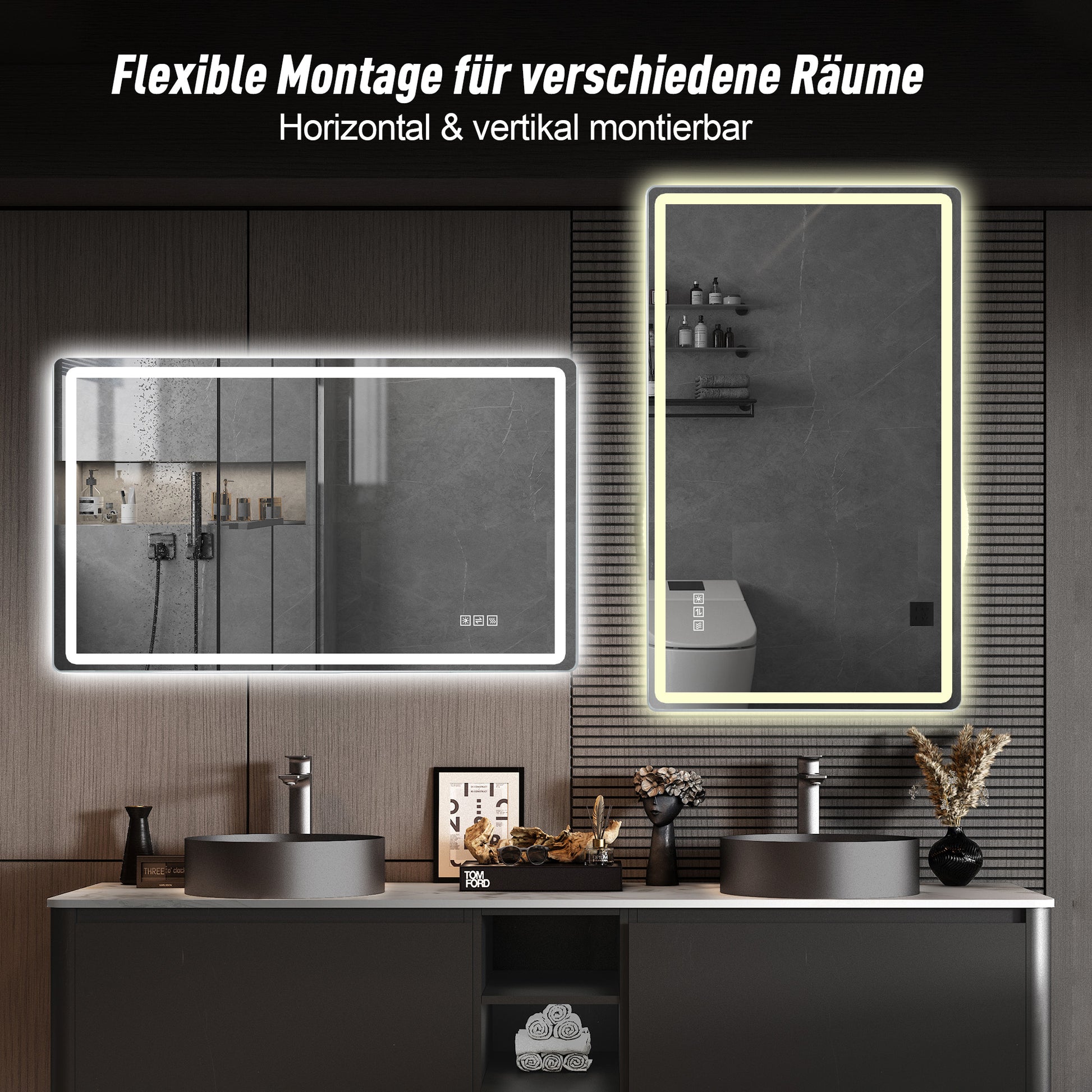 60×100cm Rahmenloser LED Badezimmerspiegel mit Mattierter Frontbeleuchtung, Anti-Beschlag, 3 Lichtfarben, Stufenlos Dimmbar, Memory-Funktion, Horizontal & Vertikal Montierbar, IP44 Wasserdicht