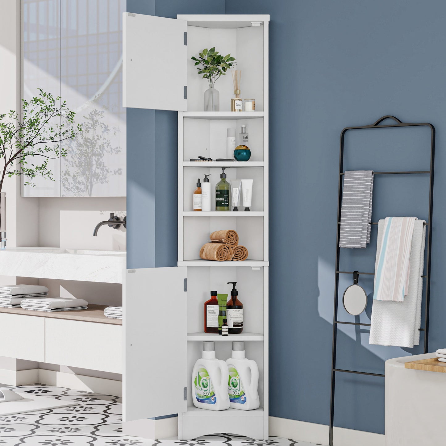 36.5 x 24.5 x 170cmDreieckiger Badezimmerschrank, Volllackierung,feuchtigkeitsbeständiger Lack, drei offene Ablagefächer, Doppeltüren, verstellbare Einlegeböden, platzsparend, weiß