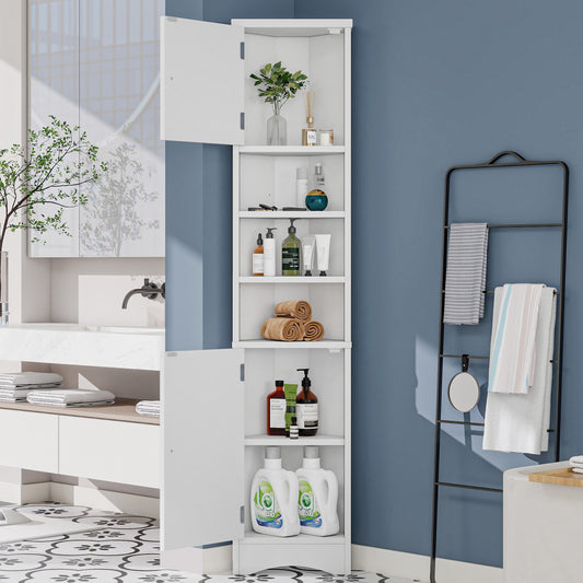 36.5 x 24.5 x 170cmDreieckiger Badezimmerschrank, Volllackierung,feuchtigkeitsbeständiger Lack, drei offene Ablagefächer, Doppeltüren, verstellbare Einlegeböden, platzsparend, weiß