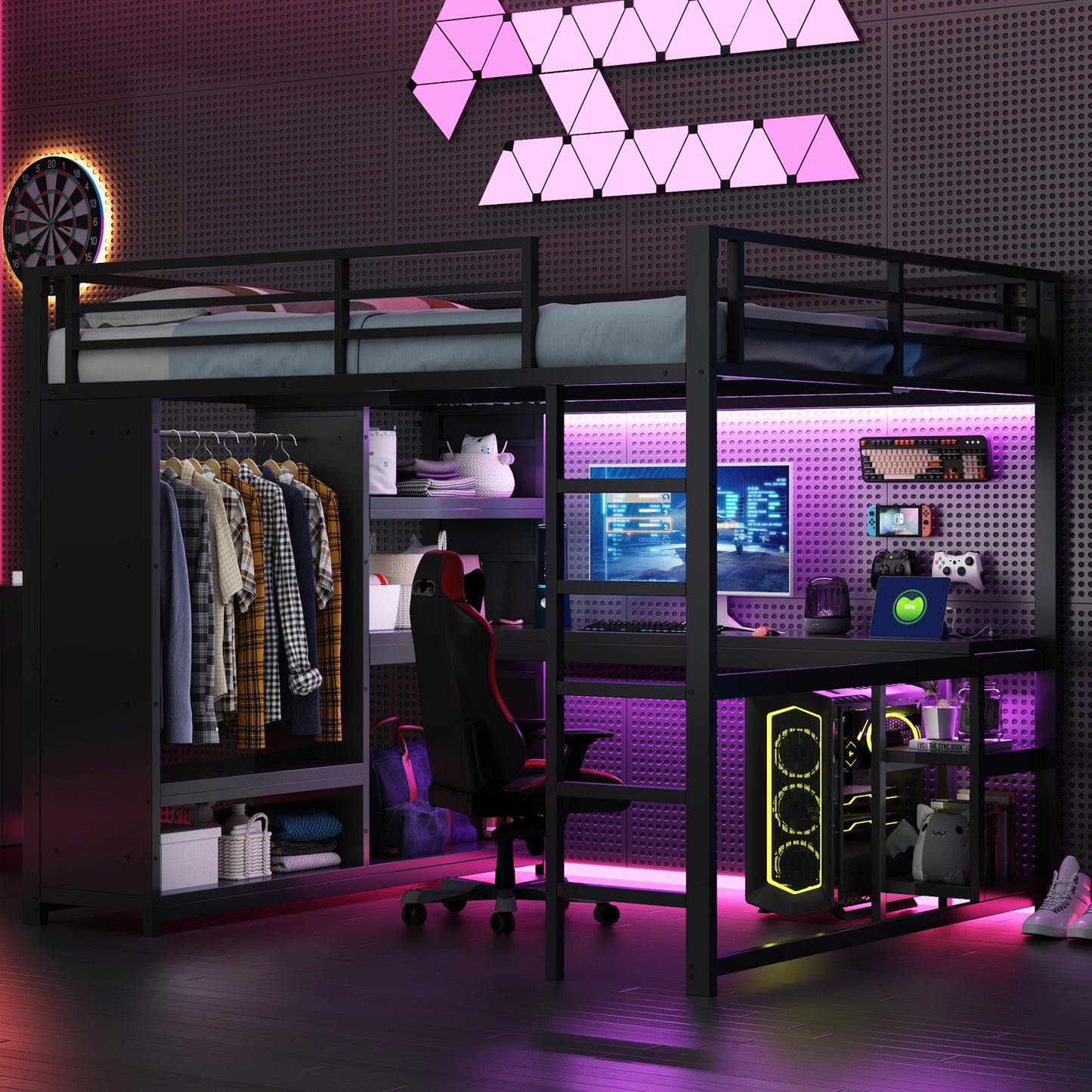 160x200 Metall-Gaming-Hochbett mit LED, Schreibtisch, offenem Kleiderschrank und Ablagefächern, Schwarz