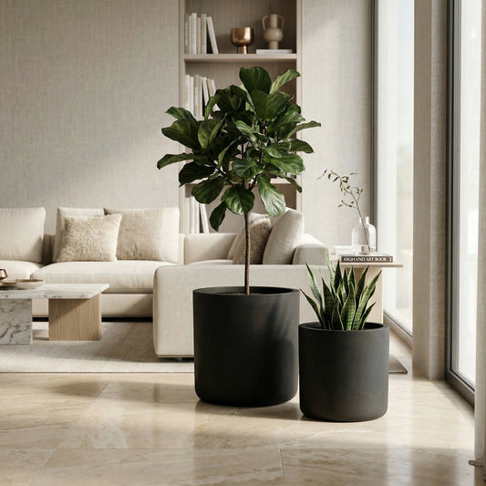 Gigab2b original image - Round Concrete Planter Set of 2, Large Outdoor Indoor Handmade Rustic Decorative Planter Pots with Drainage Holes for Home Garden Patio, 34 X 32cm & 40 X 40cm (black)