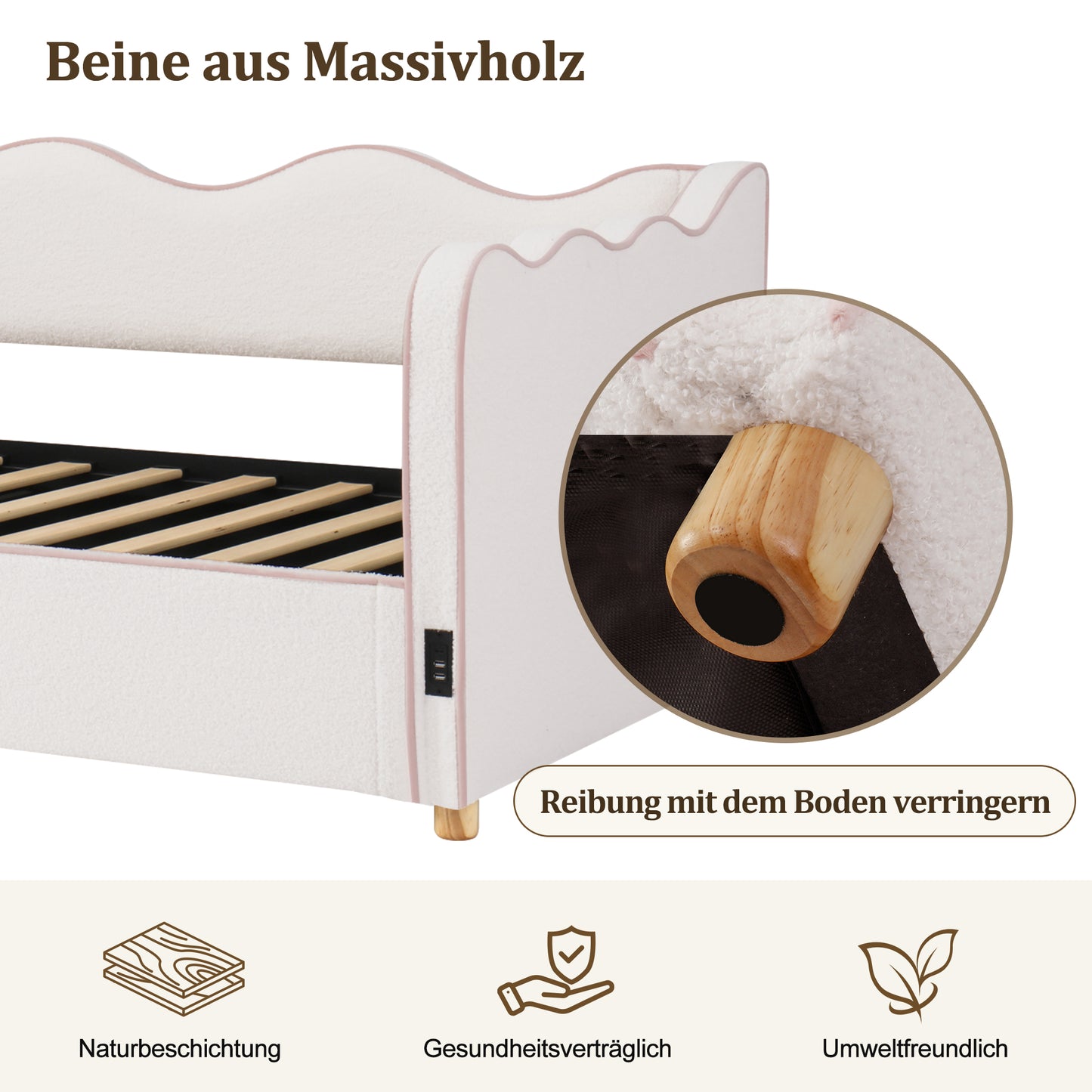 Daybett 90x200 cm mit hydraulischem Stauraum, Polsterbett, Tagesbett, Schlafsofa mit USB & Rückenlehne, bouclé, beige
