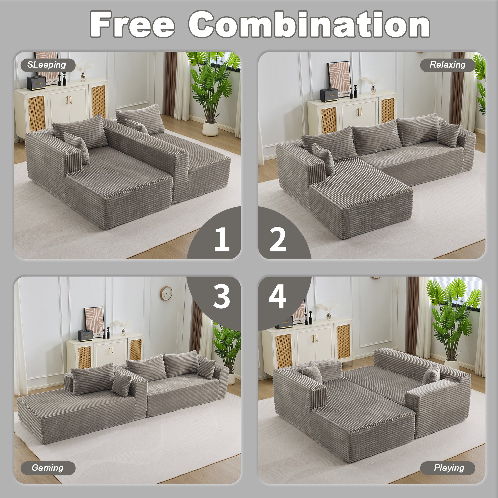Compression Sectional Couch with Comfy Chaise, Boneless L Shape Sofa with Deep Seat, Minimalist Modular Couches Sleeper for Living Room Bedroom Apartment Lounge,corduroy,Grey