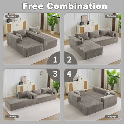 Compression Sectional Couch with Comfy Chaise, Boneless L Shape Sofa with Deep Seat, Minimalist Modular Couches Sleeper for Living Room Bedroom Apartment Lounge,corduroy,Grey