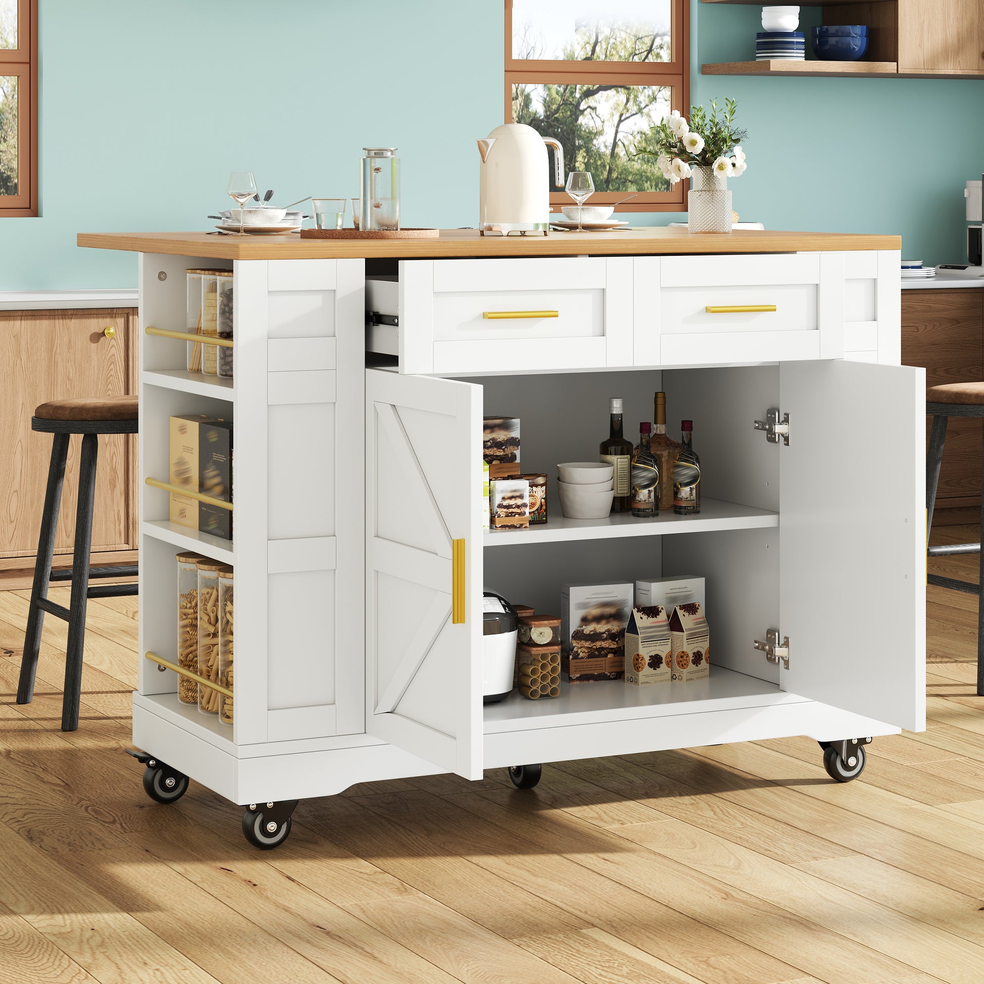 Gigab2b original image - Moderne Kücheninsel, Küchenschrank, buffetschrank, Speisewagen mit Holzmaserung, buffetschrank, Multifunktionale Esstisch mit Speicherraum, Speisewagen mit Stretchfunktionsschränken, weiß