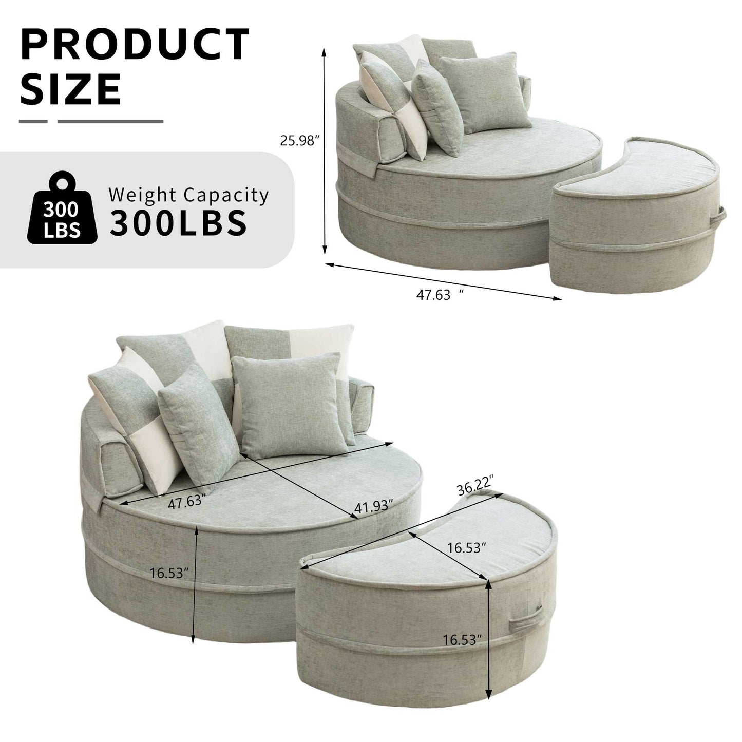 Rundes Sofa mit 5 Kissen und Hocker für Wohnzimmer und Schlafzimmer, Grün