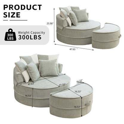 Rundes Sofa mit 5 Kissen und Hocker für Wohnzimmer und Schlafzimmer, Grün