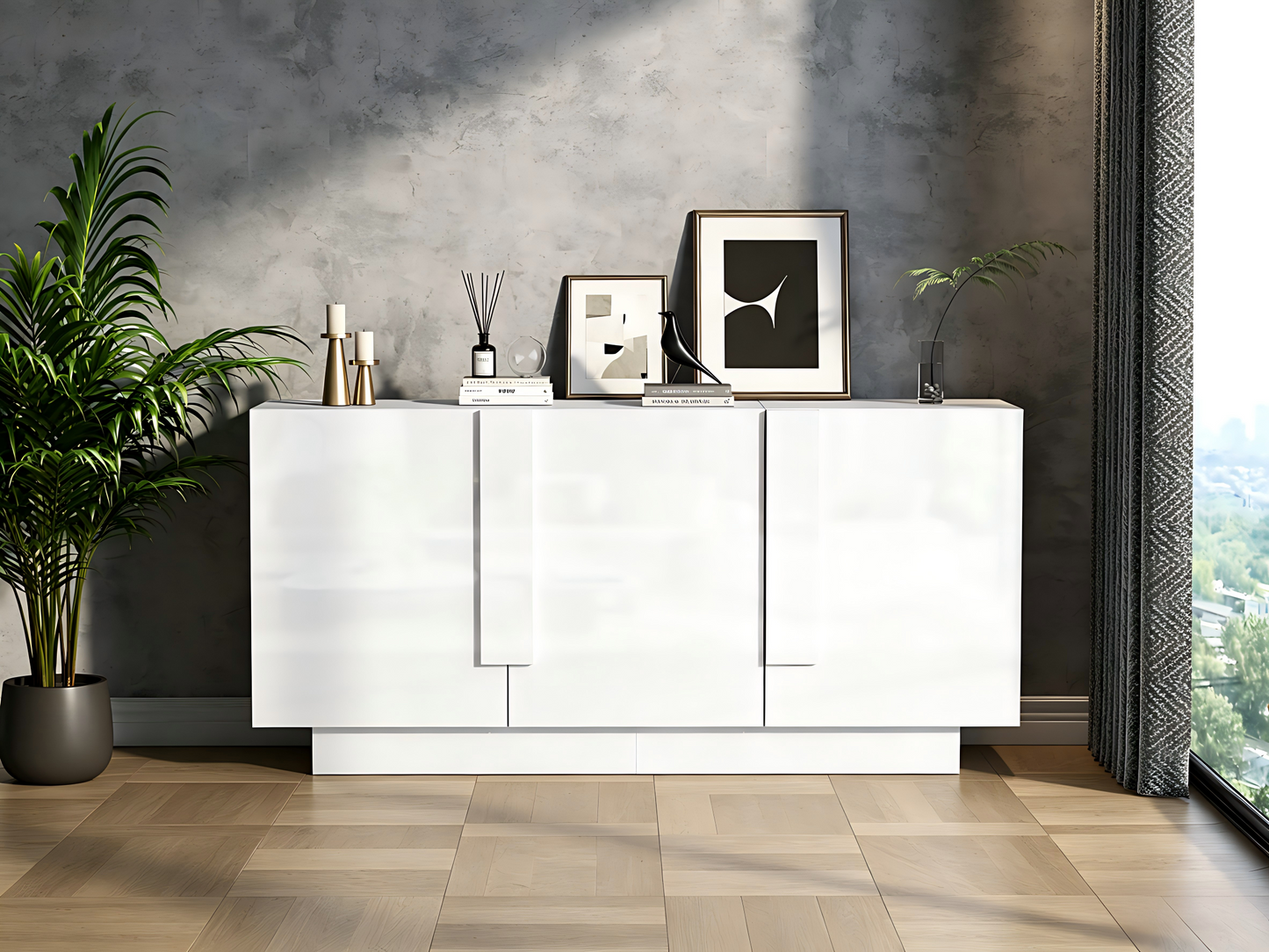 Wohnzimmer-Sideboard (35 x 160 x 60 cm), ein Wohnzimmerschrank mit 3 Türen, Hochglanz-Aufbewahrung, 6 Ablagefächern und viel Stauraum.Breiter Schrank, weiß, Spanplatte, leicht zu reinigen,kommode