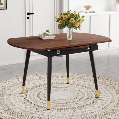 Moderner Ausziehbarer Esstisch, Verwandelt sich von Rund zu Oval, MDF-Platte in Schwarz/Nussbaum mit Gold-Akzenten, Stabile Metallbeine, Platzsparend für Küche & Esszimmer