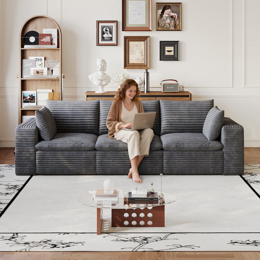 260cm Cloud-Sofa aus Corduroy-Stoff,  Doppelschicht-Design, abnehmbare Polsterung, ohne Montageanforderungen – ideal für Wohnzimmer, Schlafzimmer, Konferenzräume und Wohnungen in dunkler Grautönung.
