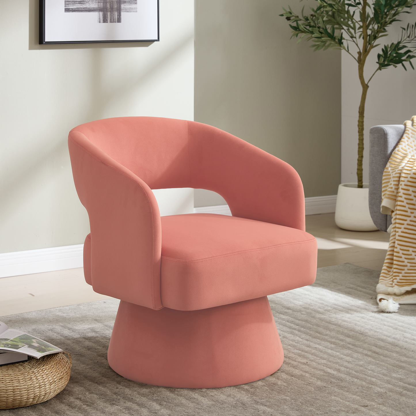 360-Grad-Drehbarer Akzentstuhl, moderner bequemer Samt-Rundfaßstuhl, offener Rücken, weiche Schaumpolster, Metall-Drehfuß für Wohnzimmer/Schlafzimmer/Büro