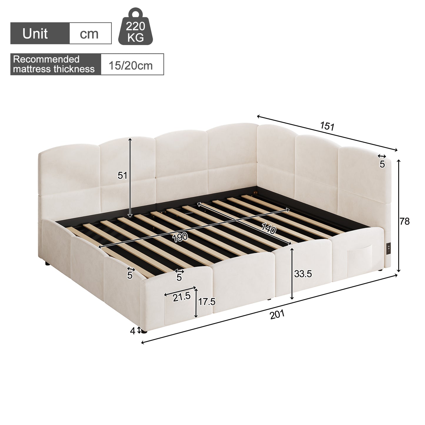 Polsterbett,Kinderbett, Daybett, Stauraumbett, Schlafsofa 140x190 cm, mit Lattenrost, USB-Ladegerät, Stautasche, Jugendbett und Erwachsenen-Kinderbett,Samt, beige (ohne Matratze)