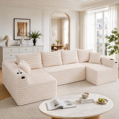 Gigab2b original image - U-förmiges Cord-Sofa mit Getränkehaltern und Seitentaschen, Federkernpolsterung, 4 Rückenkissen und 2 Zierkissen. Ergonomisch geformt für angenehmes langes Sitzen – ideal für Wohnung und Wohnzimmer.