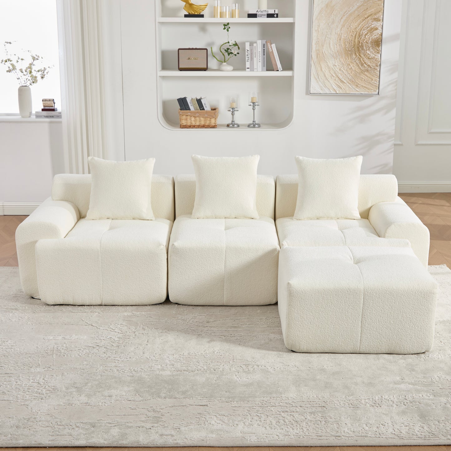 Gigab2b original image - Moderne Wolken-Sofa mit Hocker, L-förmiges knochenloses modulares Ecksofa, Beige 3-Sitzer Kompressions-Memory-Schaumsofa, keine Montage – Maße: 268×102×78 cm