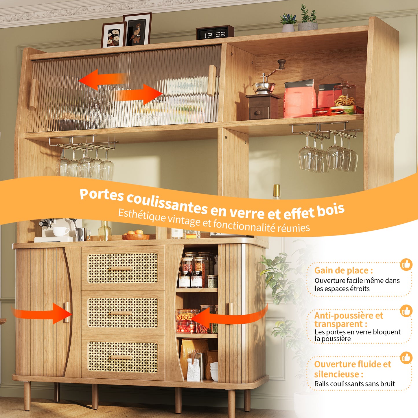 High-Quality Rattan Buffet Cabinet with Glass Doors and Storage