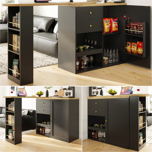 Gigab2b original image - Drehbarer Bartisch (Hauptkörper 105 x 39 x 102 cm), mit 2 Schubladen und Schiebetürschrank, 3 Ebenen offener Stauraum, geeignet für Esszimmer/Arbeitszimmer/Wohnzimmer usw