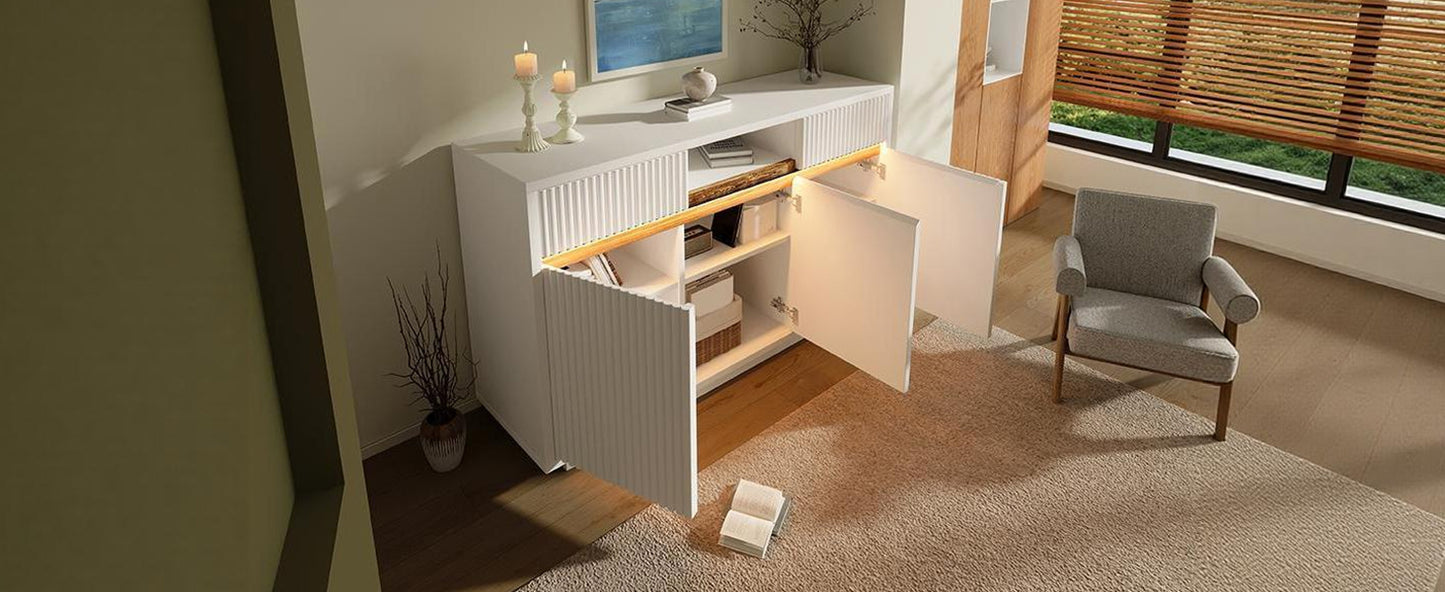 Sideboard Weiß mit LED 140x40x85 cm, Kommode mit 2 Schubladen und 3 Türen, Schrank mit verstellbaren Einlegeböden, moderner Wohnzimmerschrank Flur Küchenschrank