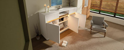 Sideboard Weiß mit LED 140x40x85 cm, Kommode mit 2 Schubladen und 3 Türen, Schrank mit verstellbaren Einlegeböden, moderner Wohnzimmerschrank Flur Küchenschrank