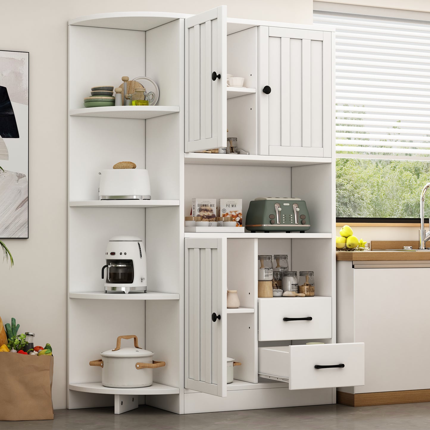 104*35*155cm Eckkleiderschränke, Wohnzimmervitrine mit 3 Schränken + 2 Schubladen,Wohnzimmer-Bücherregale, Hochschränke und highboard mit insgesamt 14 Lagerbereichen,Bücherregale, Sideboard,Weiß