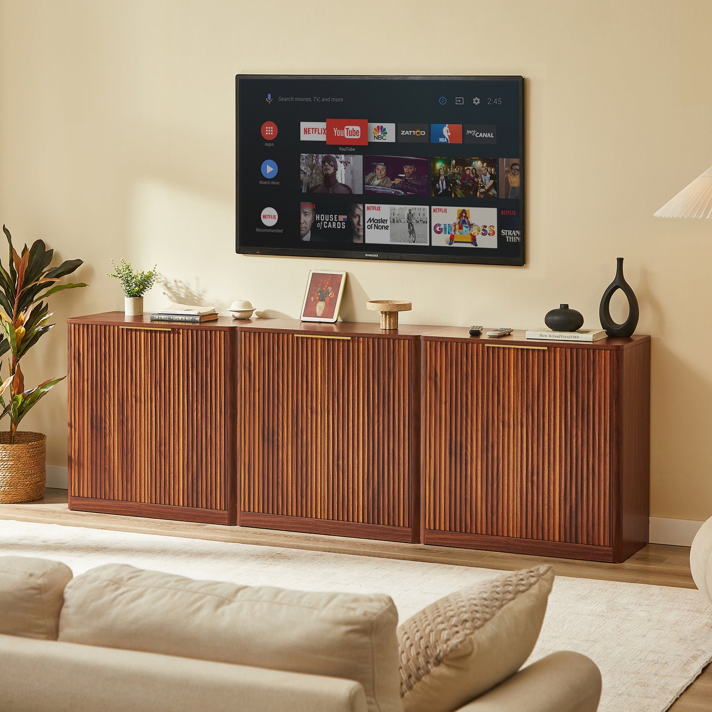 Modernes Sideboard mit Vertiefungspanelen & höhenverstellbaren Ablagen, TV-Schrank oder Buffet für Wohnzimmer & Esszimmer, wasserfeste Platte, 80x40x80 cm, Braun