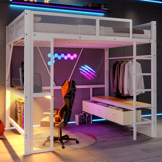 140 x 200 cm Metall-Spielhochbett mit USB, LED, Schreibtisch, offenem Kleiderschrank und 3 Wäscheschubladen, Weiß