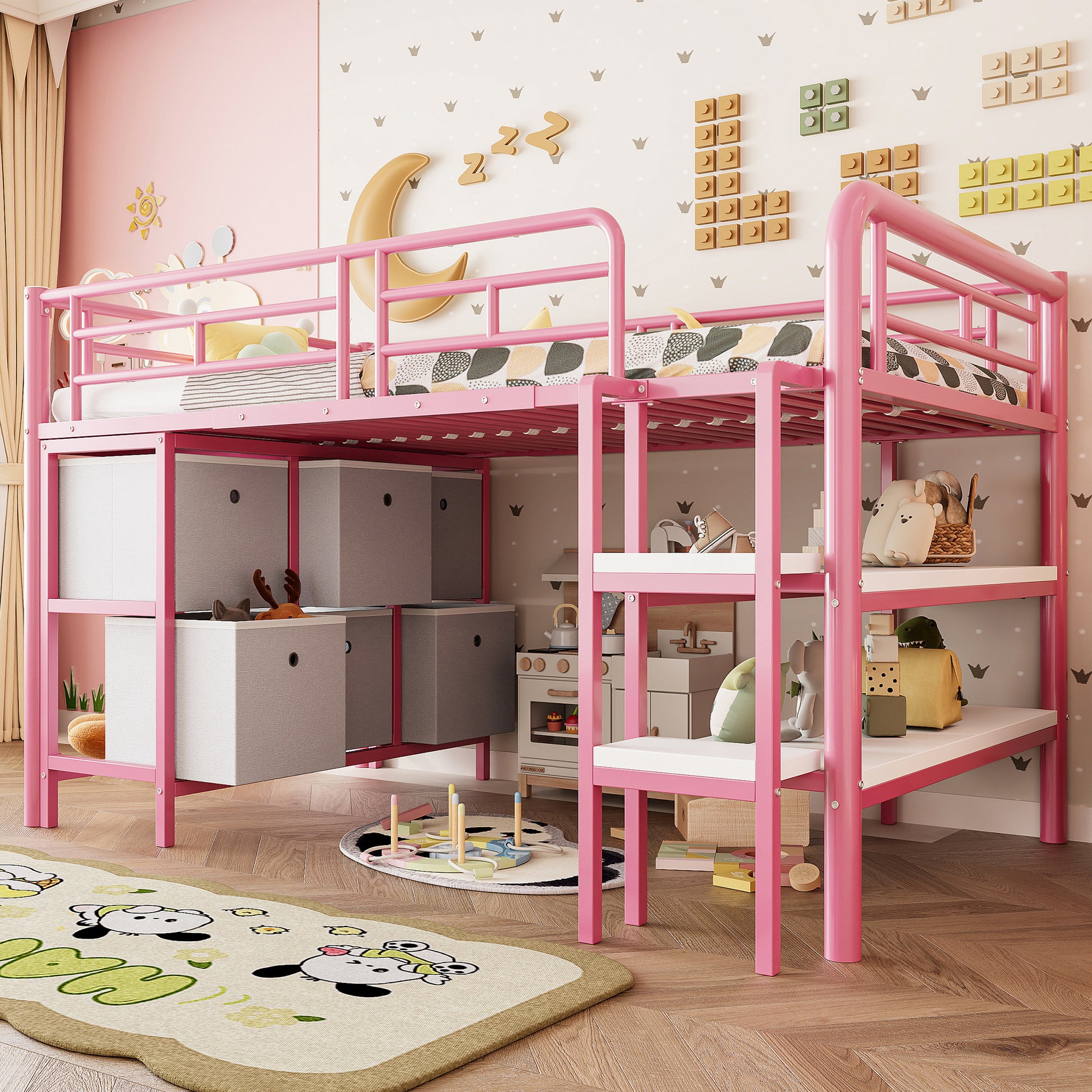 Gigab2b original image - Kinderbett 90x200 hochbett aus Metall mit Stauraum, Bett mit breiter Treppe, abgerundeten Ecken, Schubladen und Regalen für platzsparende Organisation im Kinderzimmer Rosa
