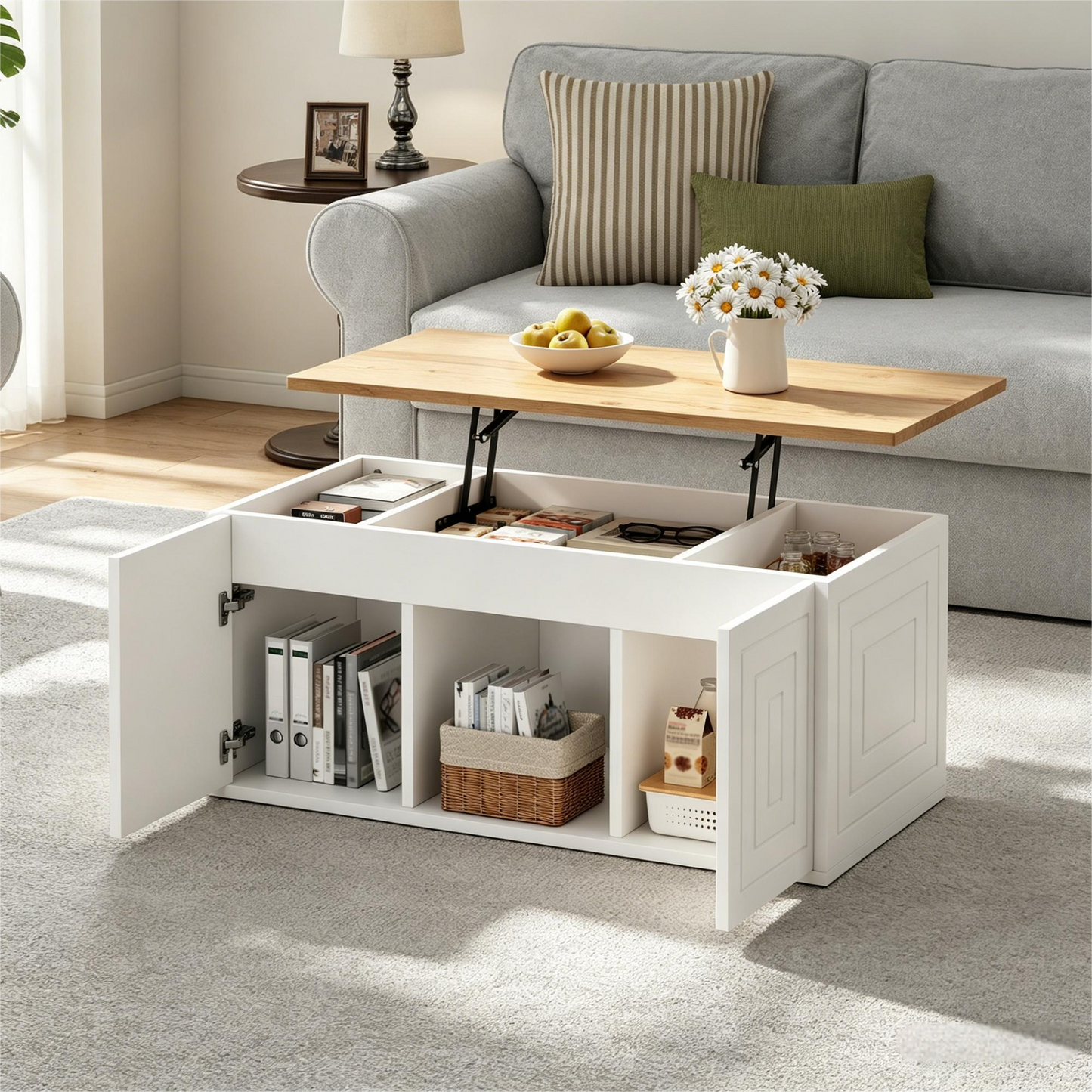 Gigab2b original image - Wohnzimmer-Couchtisch, 46 x 95 x 45 cm, höhenverstellbar bis maximal ca. 59 cm, mit zwei Schranktüren und einem klaren, stromlinienförmigen Design.Beistelltisch aus Naturholz,Sofatisch, Schreibtisch