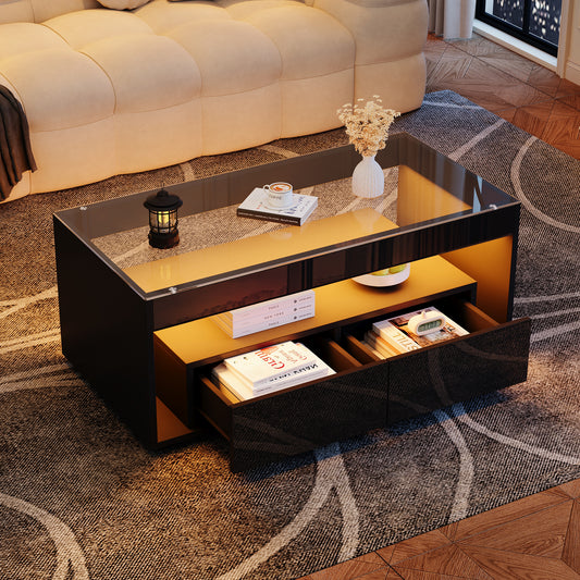 Gigab2b original image - Moderner Couchtisch mit 16-farbigem LED-Licht, rechteckiger sofatisch mit 2 großen Schubladen, geräumiger Wohnzimmertisch aus Glas, doppelschichtiges Design, Hochglanz, großer Wohnzimmertisch, schwarz