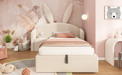 Jugendbett 90x200cm mit Bettkasten Hydraulisch, Polsterbett mit Nachttisch & Hasenohr-Design, Samtstoff Bettgestell, Beige (Ohne Matratze)