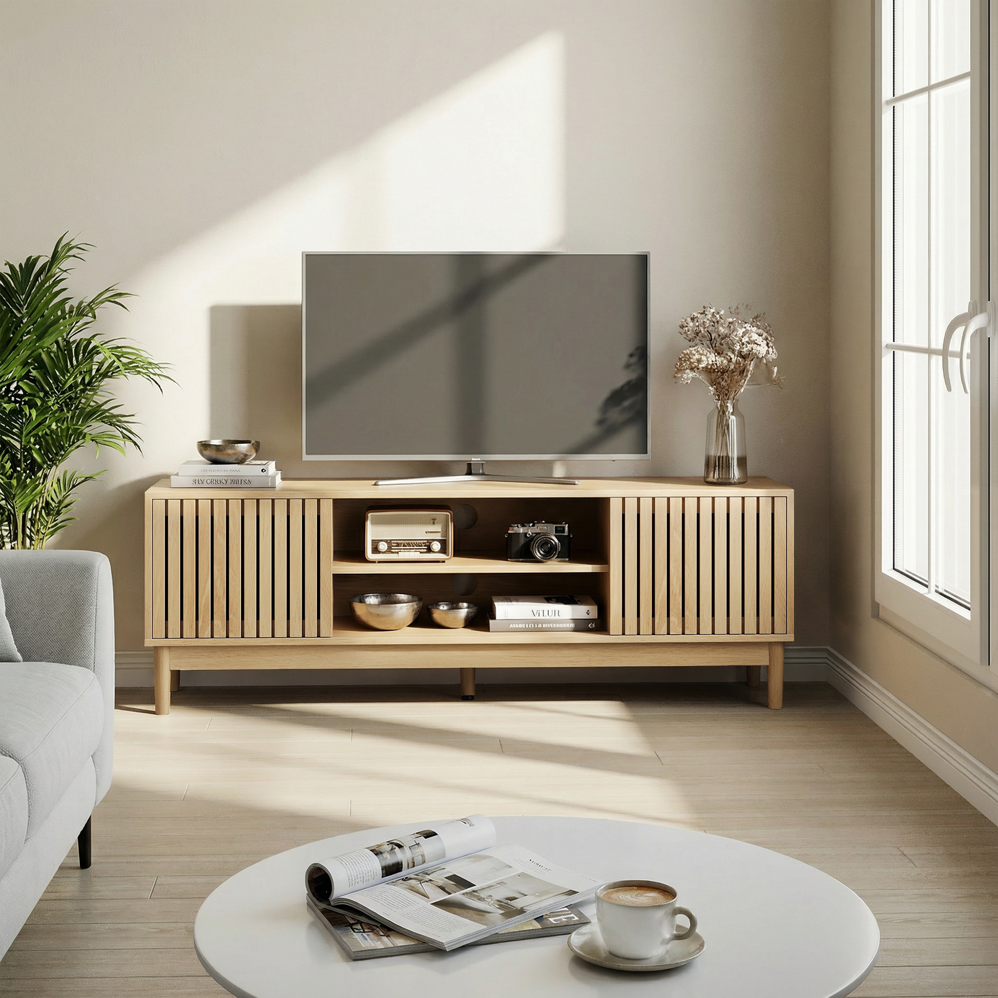 140 cm hoher TV-Ständer, TV-Ständer im Mid-Century-Modern-Stil (geeignet für 55/65-Zoll-Fernseher), Entertainment-Center mit Stauraum, Medienkonsole für Wohn- und Schlafzimmer, Eichenfarbe