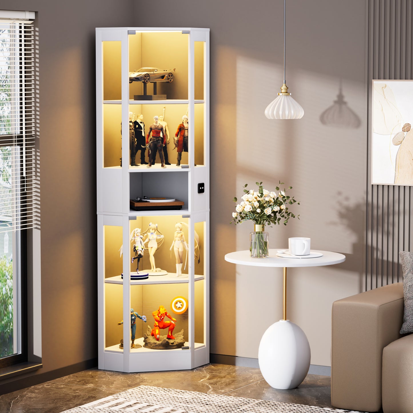Funfstockige Glasvitrine mit Stauraum, LED-Beleuchtung, Glasturen und intelligenten Sensoren Geeignet fur