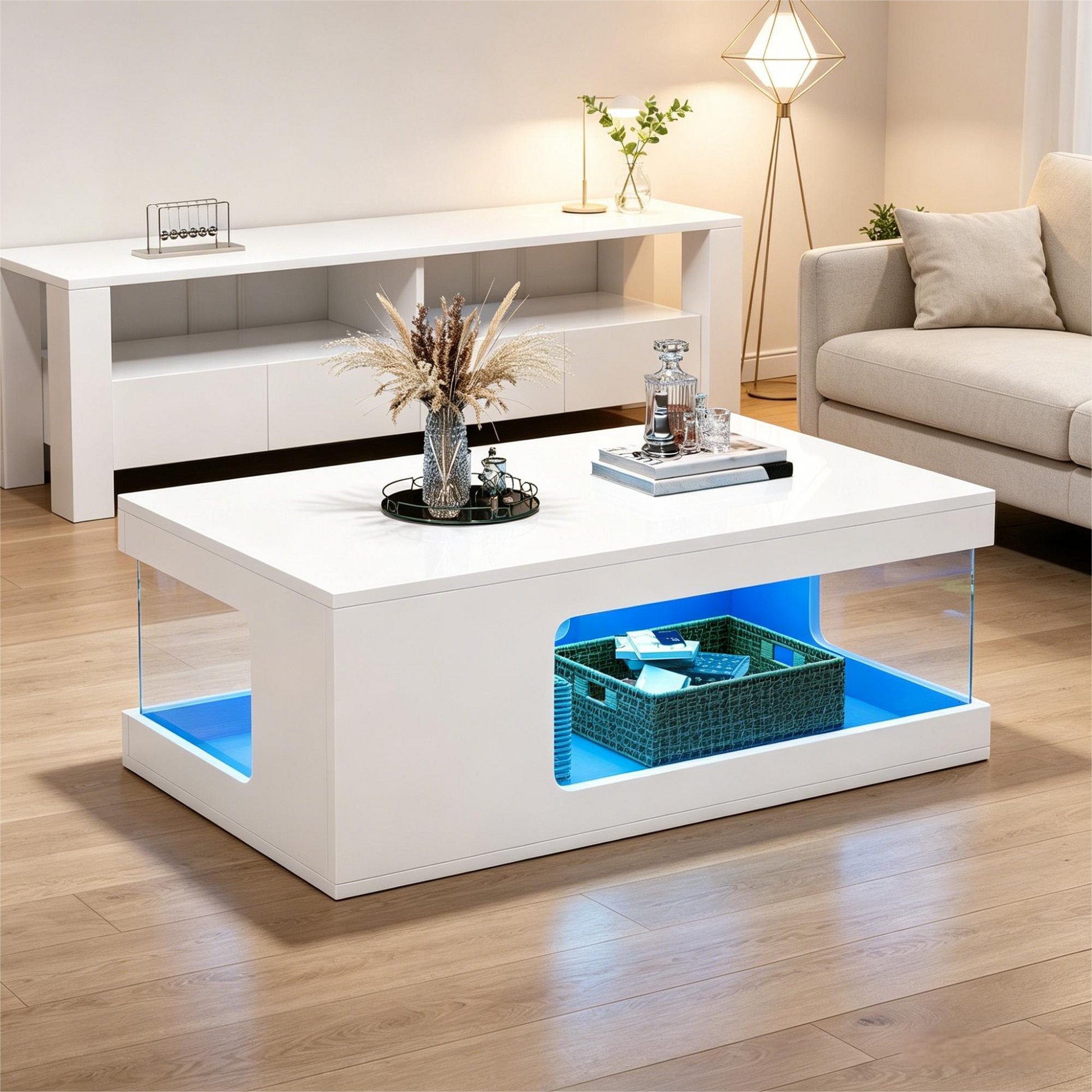 Gigab2b original image - Wohnzimmer-Couchtisch 50*100*35cm, durchbrochener Teetisch, großer Hochglanz-kaffeetisch mit Ablageflächen aus gehärtetem Glas auf beiden Seiten, Beistelltisch mit LED-Lichtleiste, weiß, Spanplatte.