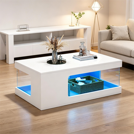 Gigab2b original image - Wohnzimmer-Couchtisch 50*100*35cm, durchbrochener Teetisch, großer Hochglanz-kaffeetisch mit Ablageflächen aus gehärtetem Glas auf beiden Seiten, Beistelltisch mit LED-Lichtleiste, weiß, Spanplatte.