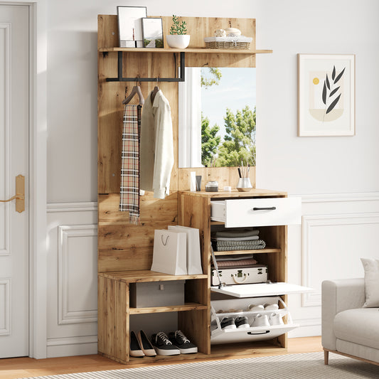 100*38.5*190cm Garderoben-Set mit Spiegel, Schuhbank, Schuhschrank, Flurschrank, Hängeschrankregal, Kompaktgarderobe, Mit 1 Schublade und 2 Schränken, viel Stauraum, Weiß + Original Holzfarbe