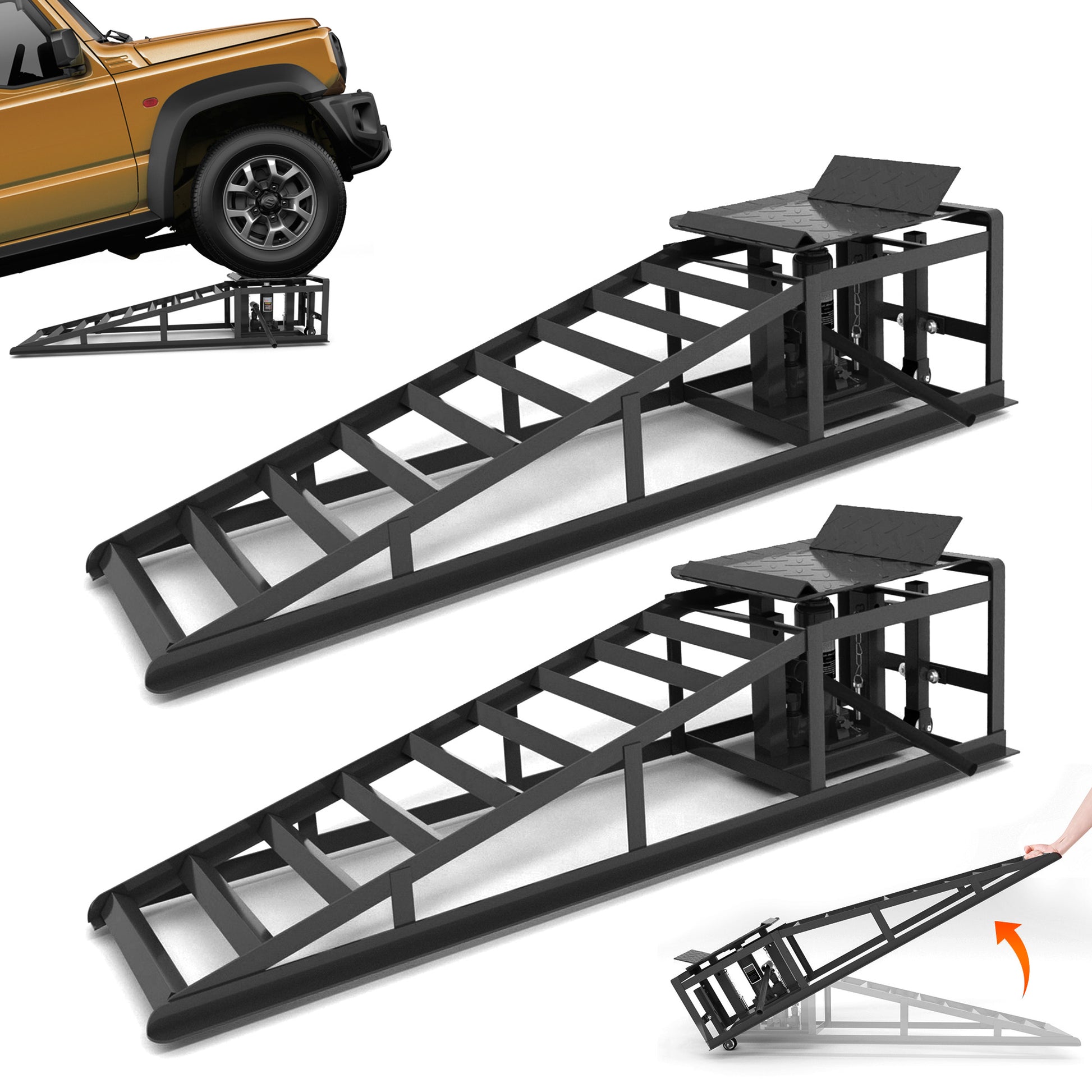 2er-Set Hydraulische Heberampen mit Rollen, 5T Schwerlast-Rampen (11065 lbs) inkl. Hydraulikheber, Tragbare Autohebebühne für Ölwechsel & Heimwerker-Garage, Hubhöhe 23–36 cm (9"–14,2"), Schwarz