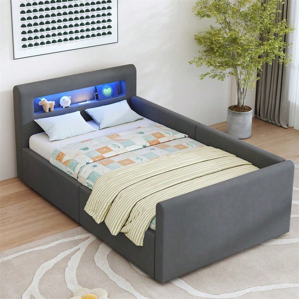 Kinderbett 90x200 cm mit LED-Beleuchtung & USB-Ladestation - Polsterbett mit hydraulischem Stauraum, Nachtlicht und Regal - Samtstoff Bezug in Dunkelgrau für Jungen & Mädchen