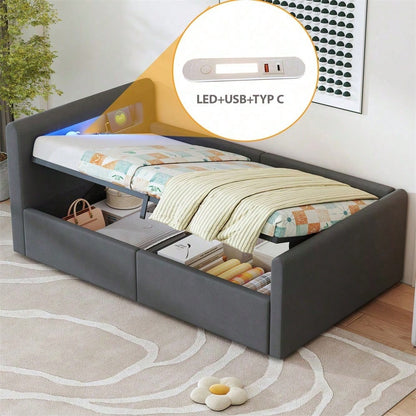 Kinderbett 90x200 cm mit LED-Beleuchtung & USB-Ladestation - Polsterbett mit hydraulischem Stauraum, Nachtlicht und Regal - Samtstoff Bezug in Dunkelgrau für Jungen & Mädchen