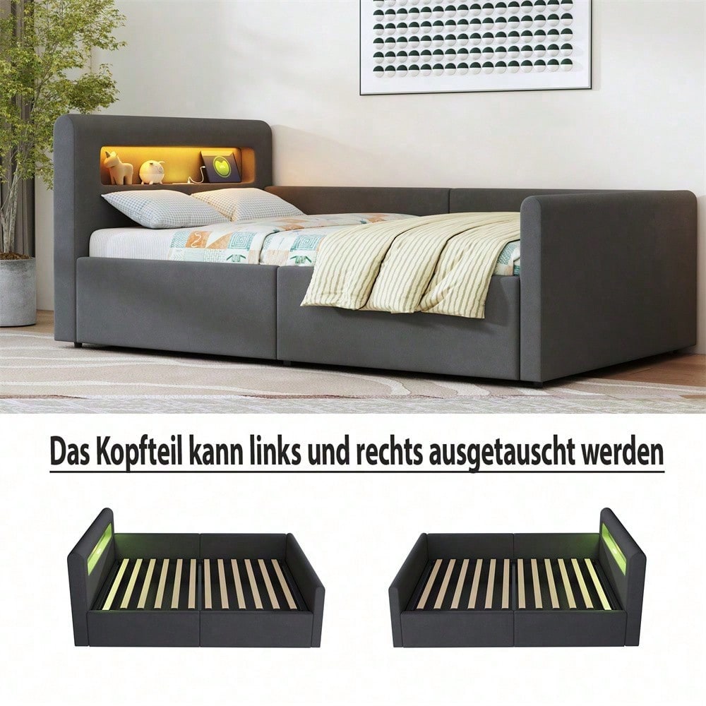 Kinderbett 90x200 cm mit LED-Beleuchtung & USB-Ladestation - Polsterbett mit hydraulischem Stauraum, Nachtlicht und Regal - Samtstoff Bezug in Dunkelgrau für Jungen & Mädchen