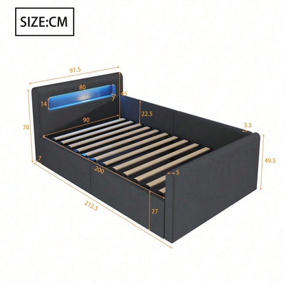 Kinderbett 90x200 cm mit LED-Beleuchtung & USB-Ladestation - Polsterbett mit hydraulischem Stauraum, Nachtlicht und Regal - Samtstoff Bezug in Dunkelgrau für Jungen & Mädchen