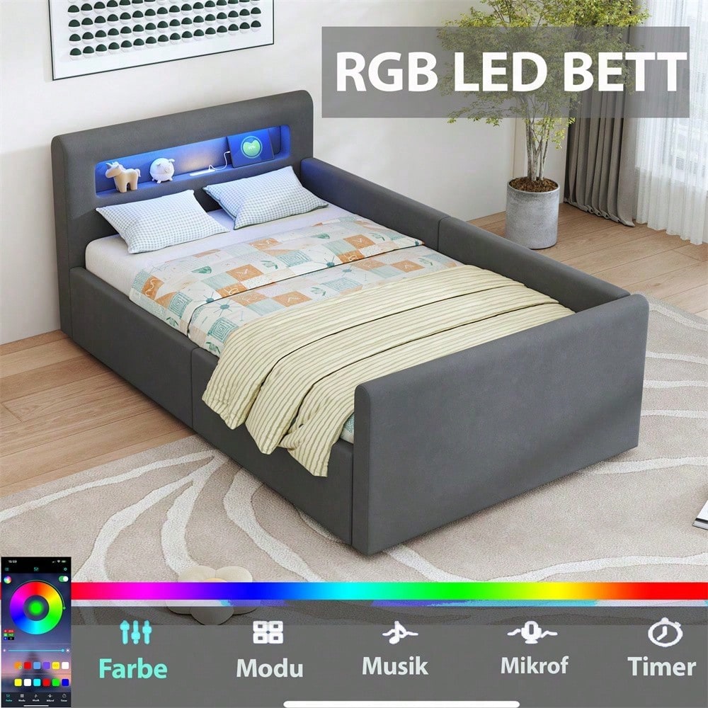 Kinderbett 90x200 cm mit LED-Beleuchtung & USB-Ladestation - Polsterbett mit hydraulischem Stauraum, Nachtlicht und Regal - Samtstoff Bezug in Dunkelgrau für Jungen & Mädchen
