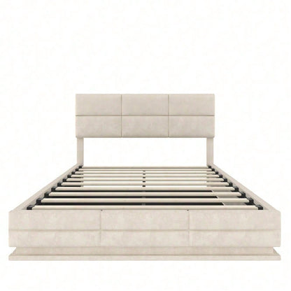 Beiges Velours-Polsterbett 160x200 cm – Höhenverstellbares Kopfteil mit LED-Beleuchtung, USB-C, hydraulischem Lift & XXL-Stauraum
